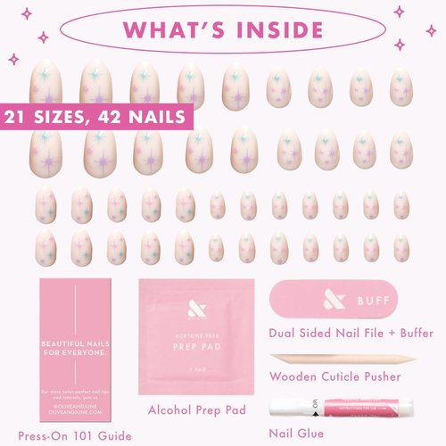 Olive & June Maximalist Instant Mani Press-On Nails (Glue) | 42 Fake Nails, 21 Sizes | Non-Toxic, Long-Lasting Big, Bold Gorgeous Realistic Look | Salon-Quality | Short, Almond | Sparkle Party