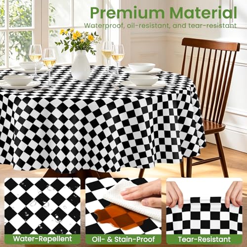 84-Inch Black Checkered Flag Round Plastic Tablecloth - 12 Pack, Disposable, Waterproof