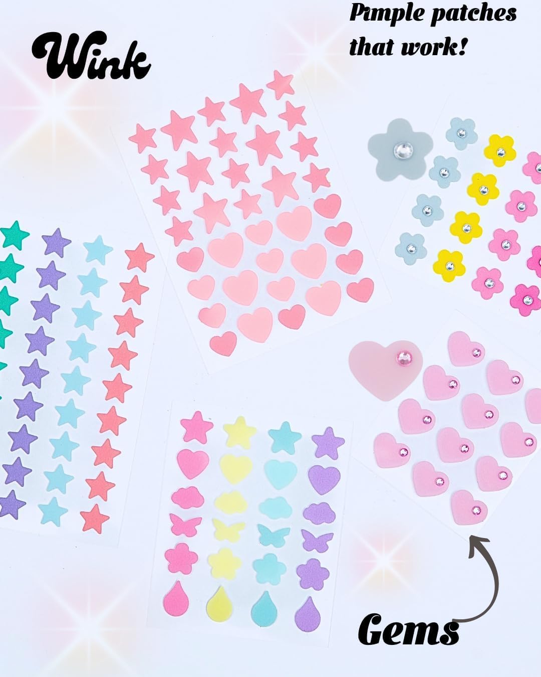 Wink Hydrocolloid Pimple Patches, 120-Count (Exclusive Gem/Bling Acne Stickers) Gentle Tea Tree & Centella For Face Skincare - Star, Heart, Flower And Cloud Shapes, Teen Tween Girl Facial Treatment