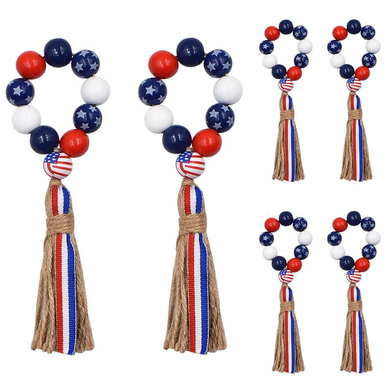 Patriotic Wood Bead Napkin Rings Set of 6 - Independence Day Home Decor