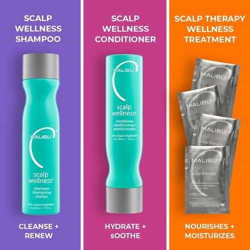 Malibu C Scalp Wellness Collection - Soothing Shampoo & Conditioner Set for Dry Scalp - Vitamin C Infused | Travel Size Packets Included (33.8 oz)