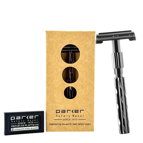 Parker 22R Long Handle Safety Razor - Gunmetal Twist-to-Open Design, Heavyweight Brass Frame | 5 Platinum Blades Included