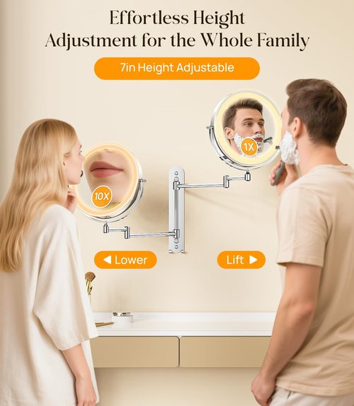 Gospire 9” Wall Mounted Lighted Makeup Mirror with Magnification 10X, 7in Height Adjustable Vanity Lighted Mirrors for Bathroom Wall, 360° Extended Arm Shaving Wall Mirror with Lights - Chrome