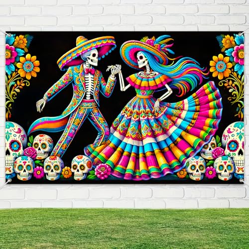 Dia de los Muertos Banner 71x43 Inches Mexican Fiesta Party Decor Sugar Skull Backdrop