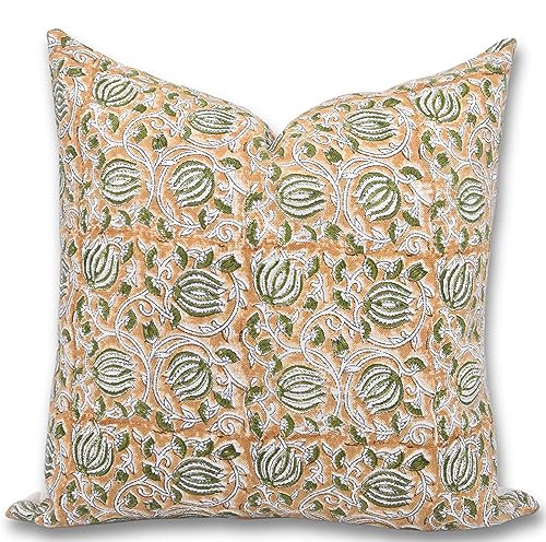 Mustard & Green Linen Throw Pillow Cover 20x20 Inches Handmade Farmhouse Cushion Cover with Invisible Zipper