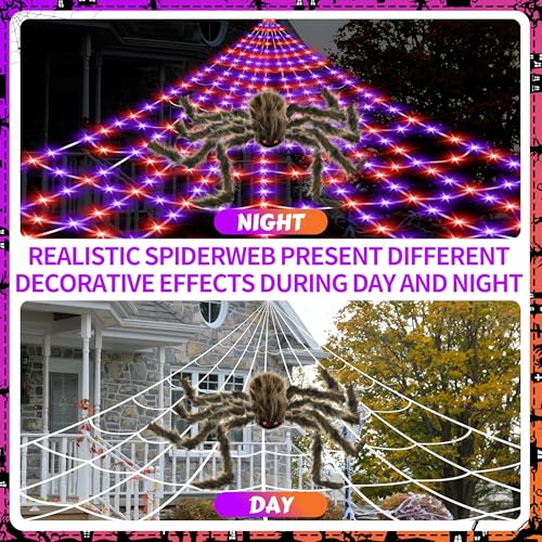 Halloween Spider Web Lights with 450 LEDs & Spooky Spider, Waterproof Indoor Outdoor Decor