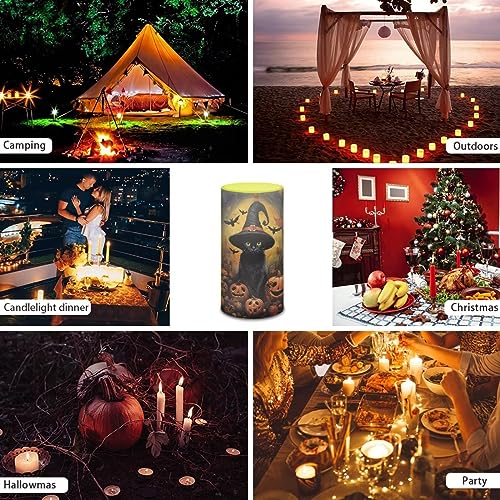 Flameless LED Pillar Candle with Remote & Color Change - Black Cat Witches Pumpkin