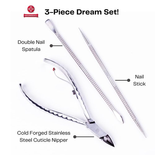 Mundial Nail Care 3 Piece Set - Professional Stainless Steel Cuticle Nippers & Nail Spatula Kit