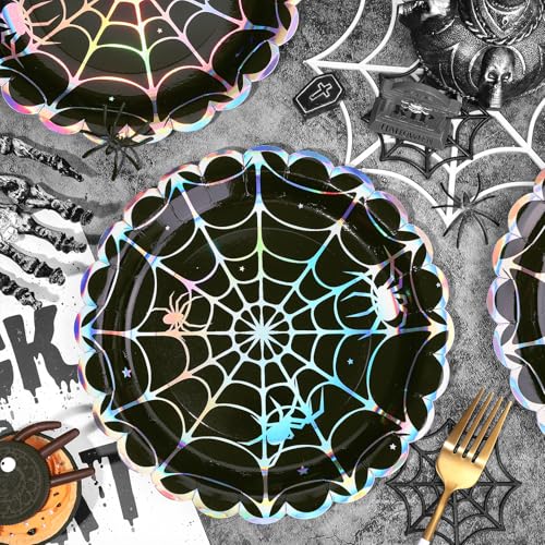 Halloween Spider Web Dinner Plates - 50 Pack Iridescent 9 Inch Disposable Party Tableware - Black Silver Laser Effect - Spider Web Variation