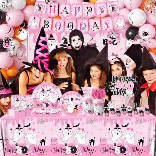 275Pcs Halloween Birthday Party Decorations Pink and Black Set for Kids – Plates, Balloons, Banner & More