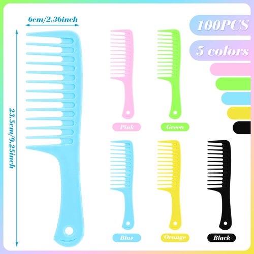 Vesici 100 Pcs Wide Tooth Comb Bulk for Women Colorful Holiday Homeless Gifts Bulk Detangling Pocket Comb with Round Handle for Barber Charity Hotel Flat Hair Long Curly Wet Hair Cutting