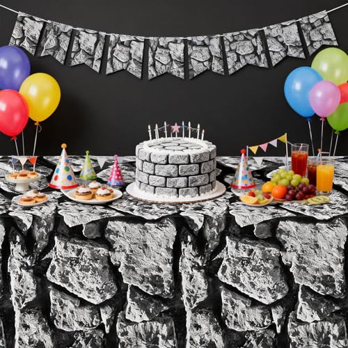 Stone Wall Party Tablecloth Decorations - 3 Pcs, 55x86 Inches for Medieval & Halloween Events