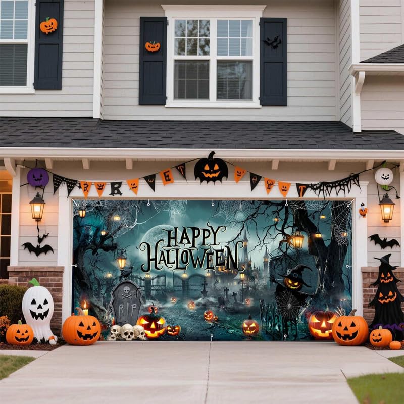 Halloween Garage Door Cover Banner 18x7ft Spooky Graveyard Backdrop - Outdoor Holiday Decoration - Variation of THIS listing