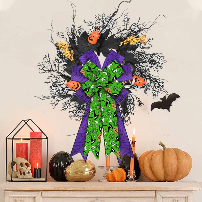 Large Halloween Burlap Green Pumpkin Wreath Bow with Spider Web Purple Bows