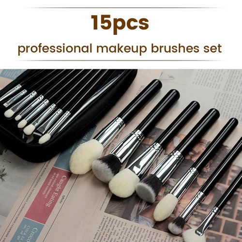 Professional Natural Travel Goat Hair Makeup Brushes with case, 15Pcs Kabuki Face Powder & Eye Makeup Brush set With Ultra Soft Premium Dense Hair, Valentines Day Gifts (Black)