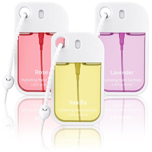 Dansib Set of 3 Power Mist Hydrating Hand Sanitizer Spray Bulk with Keychain Travel Size Refreshing Hand Sanitizer 1.35 Fl. oz Compact Card Spray Bottle Rose Lavender Vanilla Scent for Friends Gifts