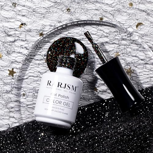 Gel Nail Polish Black Glitter Chunky Iridescent Rainbow Sparkle - RAR736 15ml