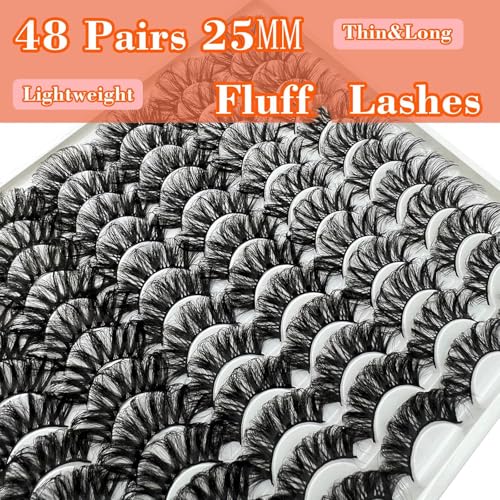 25mm Mink False Eyelashes Pack 48 Pairs - Dramatic Full Volume, Wispy & Curly Styles
