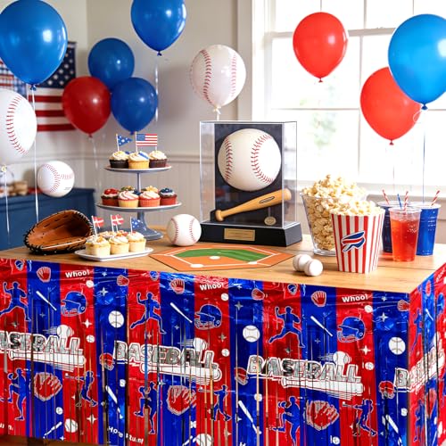 Baseball Party Table Decorations - 108x29.5 Inches Foil Fringe Skirts - Red, Blue & Silver