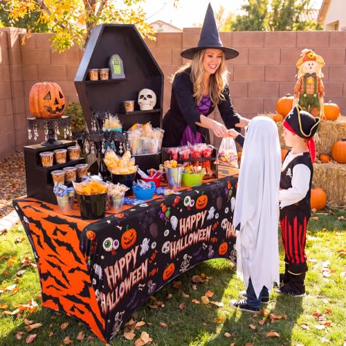 Halloween Tablecloth Set - 2 Elastic Spandex Cover with Skeletons Bats Ghosts Pumpkin - 6ft