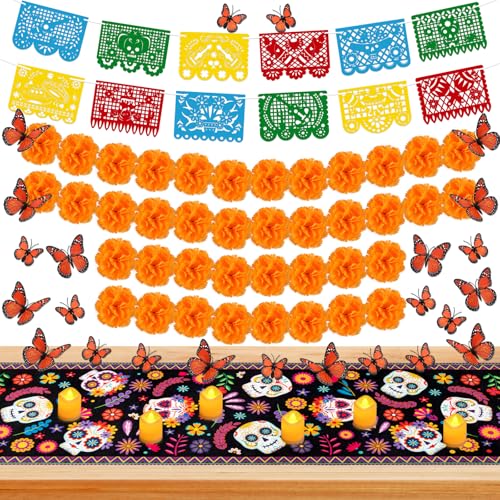 Dia De Los Muertos Decorations Set - Table Runner Banner Candles Butterflies