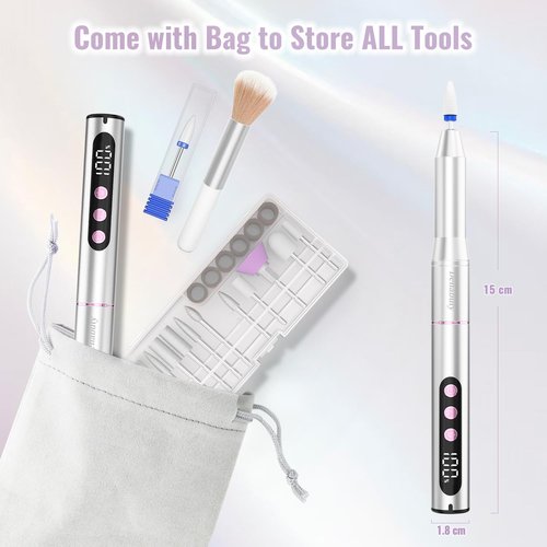 Denabuty Electric Nail Drill Cordless, 35000RPM Portable Electric Nail File with LCD Display and 12 Nail Drill Bits for Acrylic & Gel Nails, Professional Manicure & Pedicure Kit Set Silver