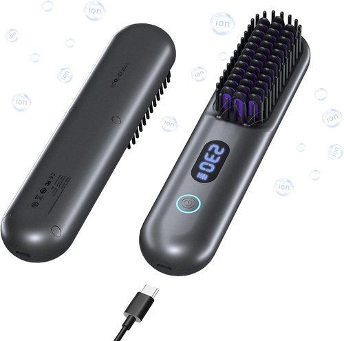 Skiennix Cordless Hair Straightener Brush - Portable Comb with 9600mAh Battery, Plasma Tech, 9 Temp Settings | Grey