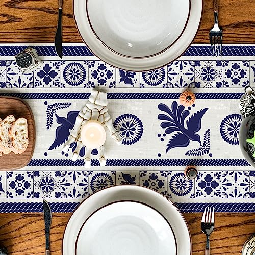 Mexican Floral Bird Table Runner 13x90 Inch Blue Patchwork Tiles Home Decor