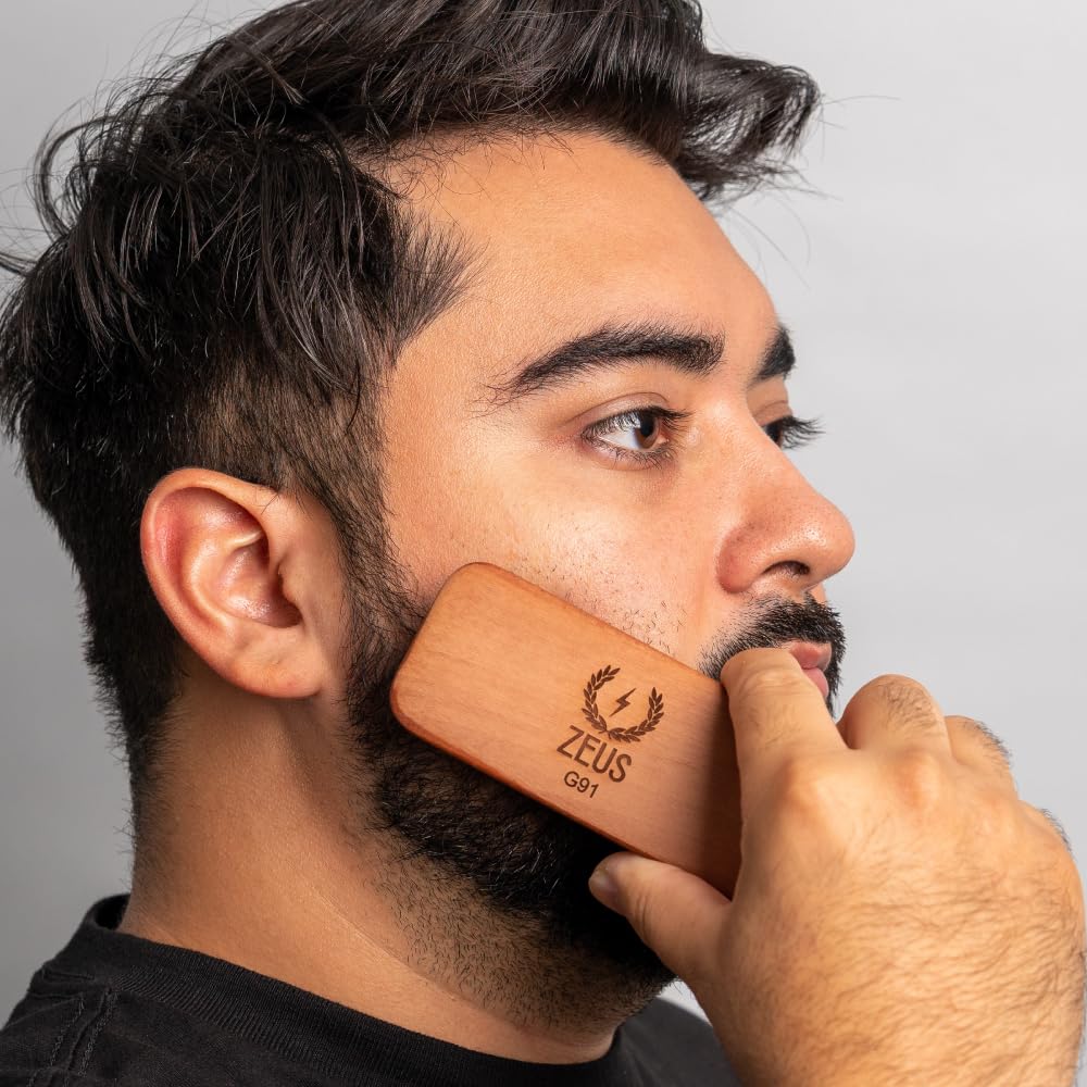 ZEUS Palm Beard Brush for Men, Firm 100% Boar Bristles, Gently Detangles, Smooths & Conditions Facial Hair, German-Made Pear Wood Handle (G91)