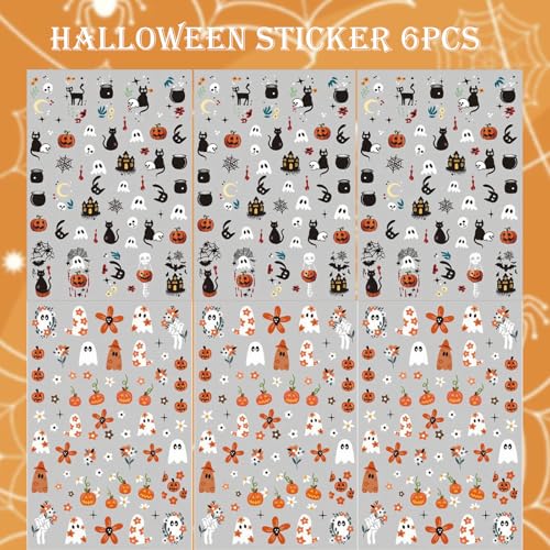 Halloween Nail Stickers Cat Pumpkin Ghost Web 6 Sheets DIY Self-Adhesive Halloween Nail Decals - Style 6