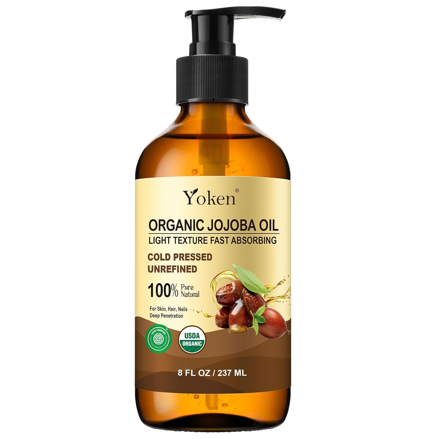 Yoken Organic Jojoba Oil - 100% Pure & Natural Cold Pressed Oil for Hair, Skin & Face | 8 fl oz Glass Bottle
