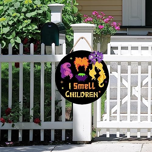 Halloween Wreath Door Sign with Witch Sisters and Bow Decor - Wooden Halloween Door Hanger