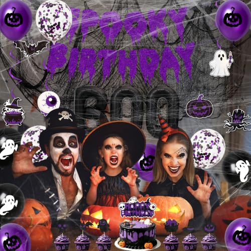 Halloween Birthday Decorations Set with Balloons, Banner & Spooky Props