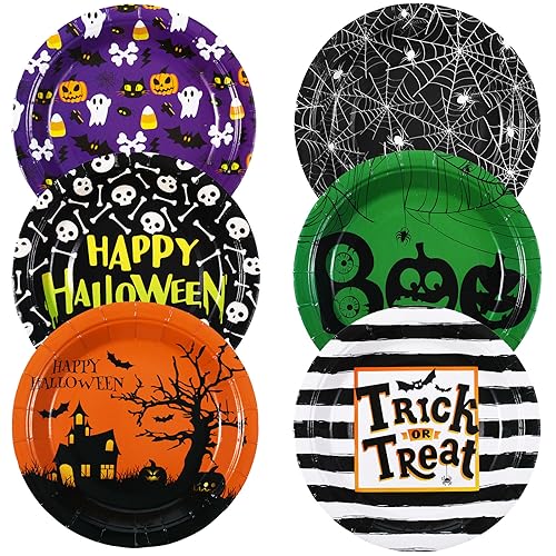 Umigy 120 Pack Halloween Paper Plates 7 Inch Pumpkin & Spider Web Design - Classic Color Variation