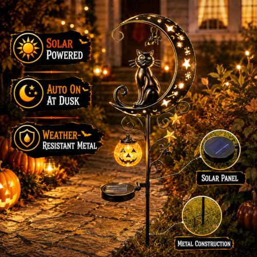 Solar Halloween Black Cat & Pumpkin Moon Garden Stake Light - Style C