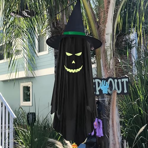 Halloween Hanging Ghost Decorations Outdoor with Glowing Face - Black Ghost, 2 Pack