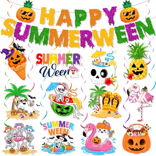 Colorful Summerween Party Decorations Set with Banner & Hanging Swirls