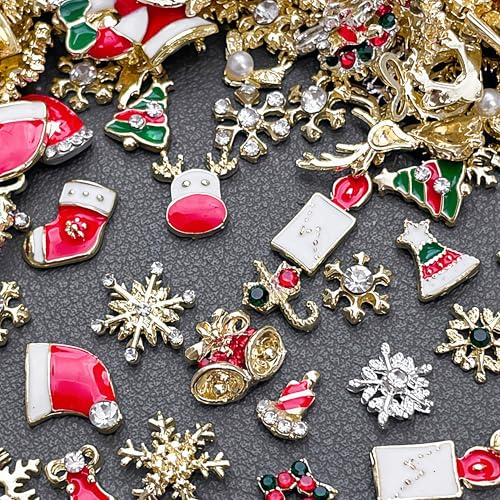 Green Christmas Nail Charms Set - 30 Pcs 3D Snowflake, Snowman, Elk, Santa, Xmas Tree Decorations for Nail Art