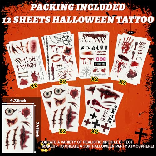 Zombie Face Tattoos Halloween Fake Scar & Wound Makeup Kit - 12 Sheets - Variation: Zombie Makeup