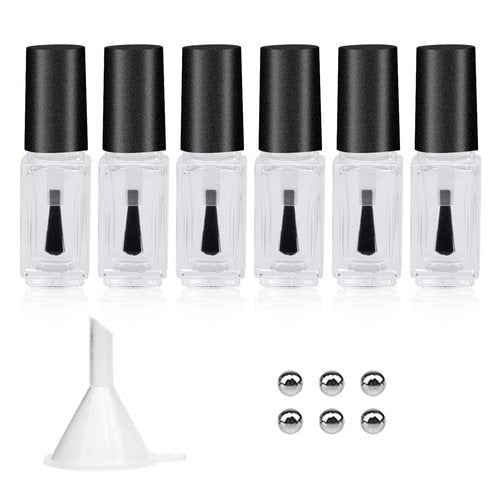 Agidea Empty Nail Polish Bottles with Round Paddle Brush 5ML, 6PCS Small Empty Glass Refillable Nail Polish Containers with Mixing Balls & Funnels (Matte Black)