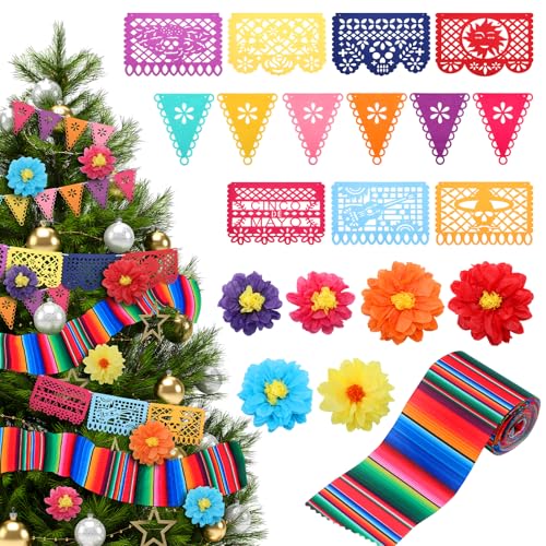Mexican Christmas Tree Decorations Set with Banners Flores Papel Picado