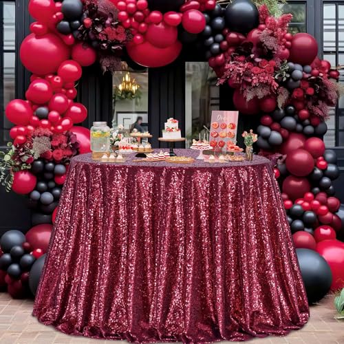 B-COOL 90 Inch Burgundy Round Sequin Tablecloth for Weddings & Parties