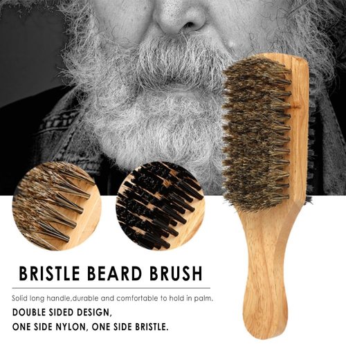 Beard Brush and Comb Set with Mustache Scissors Grooming Kit, Natural Boar Bristle, Dual Action Wood Comb, Dual Side Brush for Men's Facial Hair, Travel Bag