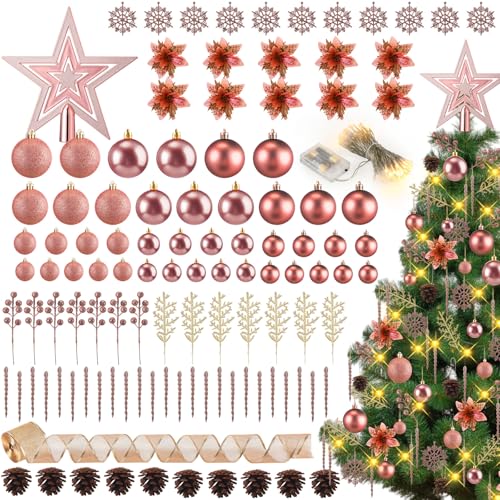 Canlierr 145-Piece Rose Gold Christmas Ornament Set with Lights & Decorations