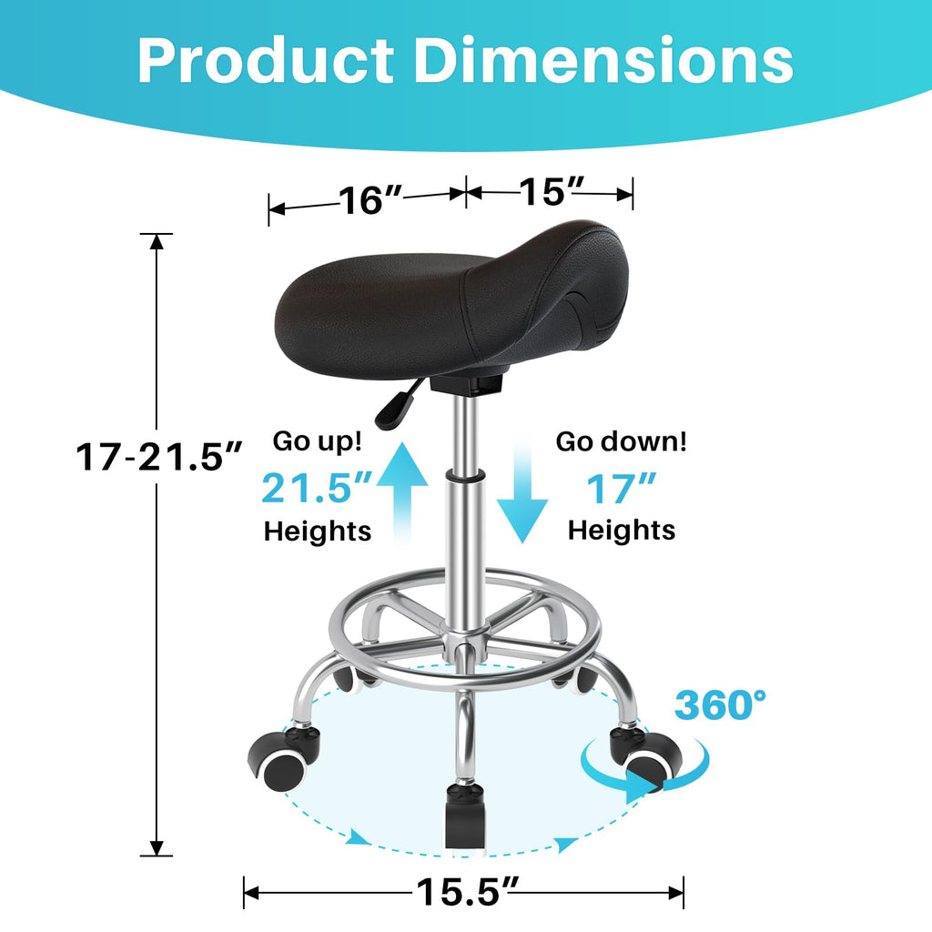 YEEZEE Saddle Stool Ergonomic- Comfortable Rolling Saddle Stool with Wide Thick Saddle Seat Padding, Swivel Adjustable Saddle Chair with Wheels and Ring Pedal for Medical Massage Salon (Dark Black)