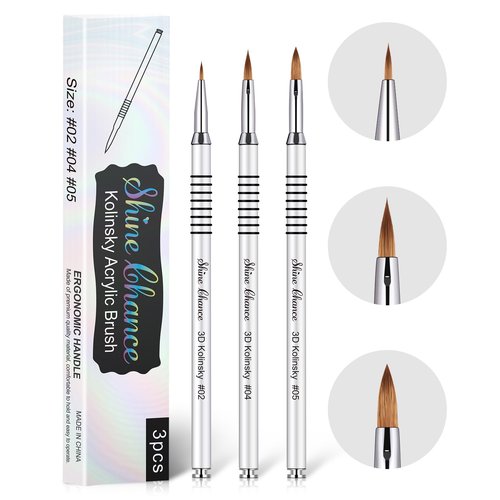 Shine Chance 3Pcs 3D Nail Brushes Set Size 2 4 5, Kolinsky Hair Acrylic Flower Nail Art Brush, Art Design & Polish Mistake Cleaning Manicure Tools for Women Acrylic Application, Silver