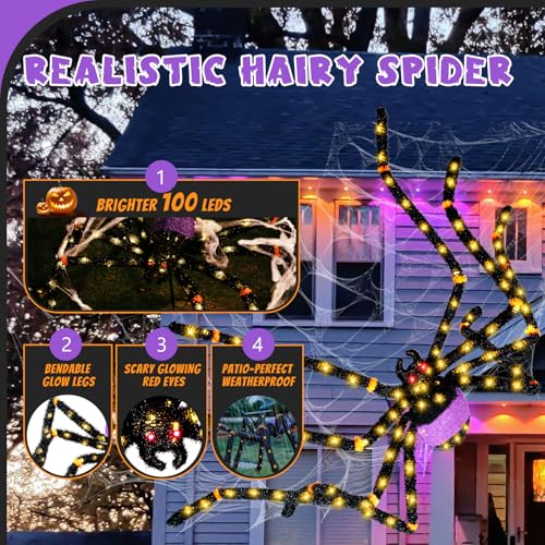 Giant Halloween Spider Decoration with 100 LED Lights, Weatherproof & Pre-Lit - 5.5FT