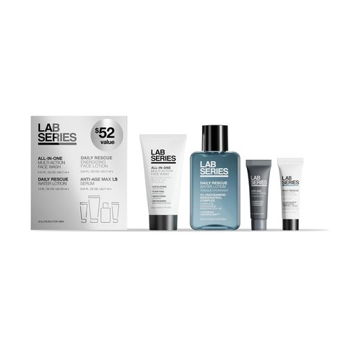 Lab Series Travel Size Essentials Skin Care Set For Men - Includes All-In-One Face Wash 1 Fl Oz, Daily Rescue Face Toner 1 Fl Oz, Daily Rescue Face Lotion 0.2 Fl Oz & Max LS Face Serum 0.2 Fl Oz