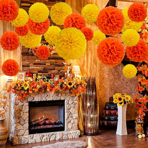 Yellow and Orange Party Pom Poms - 18 Pcs Tissue Paper Decorations