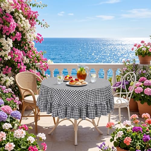 Black Gingham Ruffled Cotton Tablecloth 50 Inch Round - SquarePie